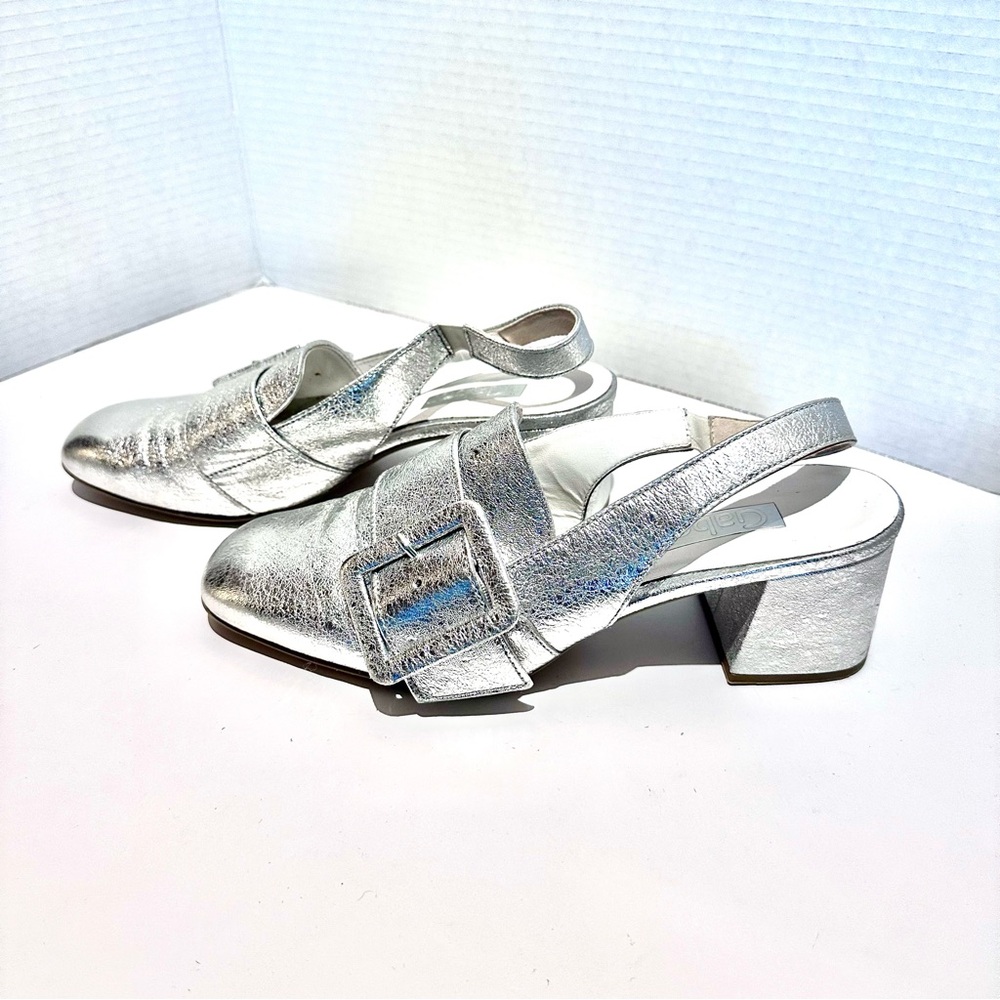 GABOR SILVER METALLIC SLING BACK WITH BLOCK HEEL & LARGE  BUCKLE SZ UK 7,  US 10